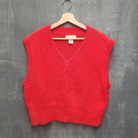 Jessica Simpson Mellon Soft Cozy Fuzzy Cropped Sweater Vest Size Medium V Neck - Picture 1 of 9